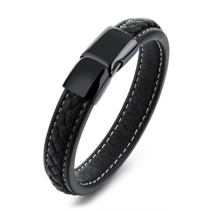 Black Leather Lace Titanium Bracelet