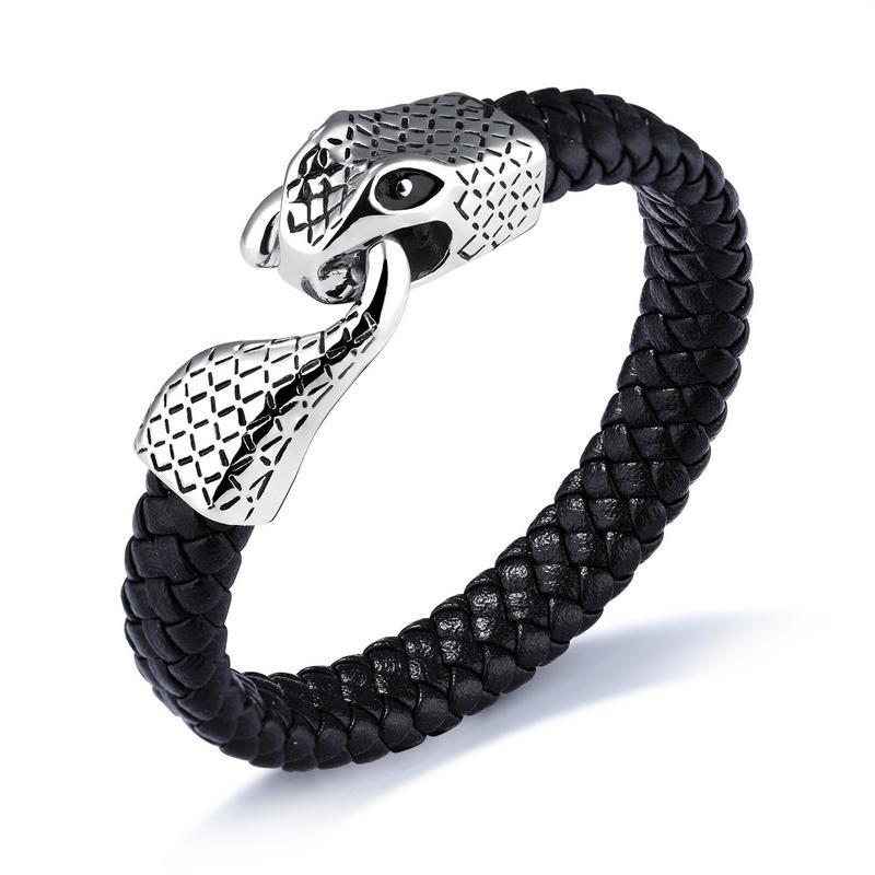 Steel Snake On Leather Bracelet